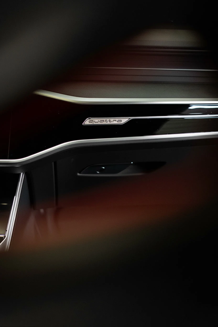 Scène intérieure sombre avec éclairage dramatique mettant en valeur le détail d'une automobile haut de gamme